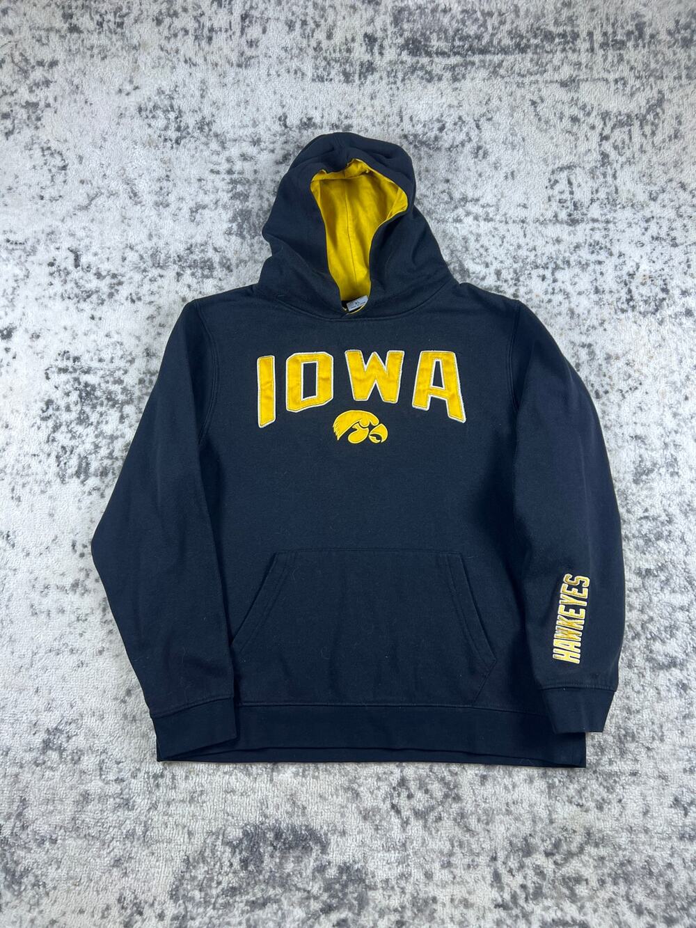 Iowa Hawkeyes Spellout Hoodie Youth XL Black Yellow Embroidered Sweatshirt NCAA
